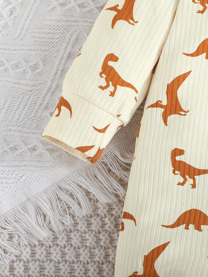 Conjunto de 2 peças de macacão curto casual para bebês meninos, cor sólida + estampa de dinossauro, ideal para primavera e outono.