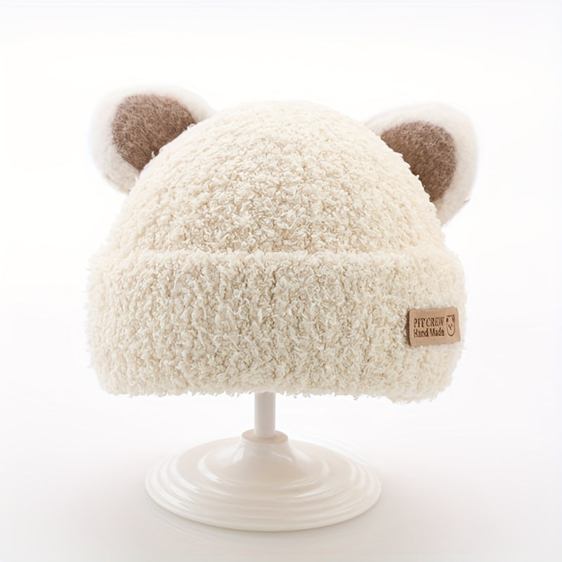 1 gorro de tricô com orelhas de urso de pelúcia para bebê, gorros de tricô infantis para outono e inverno.