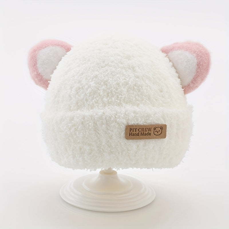 1 gorro de tricô com orelhas de urso de pelúcia para bebê, gorros de tricô infantis para outono e inverno.