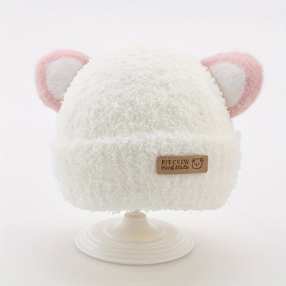 1 gorro de tricô com orelhas de urso de pelúcia para bebê, gorros de tricô infantis para outono e inverno.