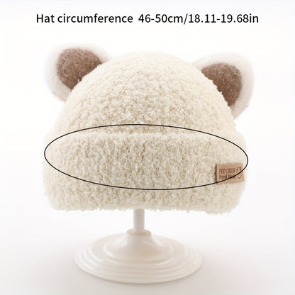 1 gorro de tricô com orelhas de urso de pelúcia para bebê, gorros de tricô infantis para outono e inverno.