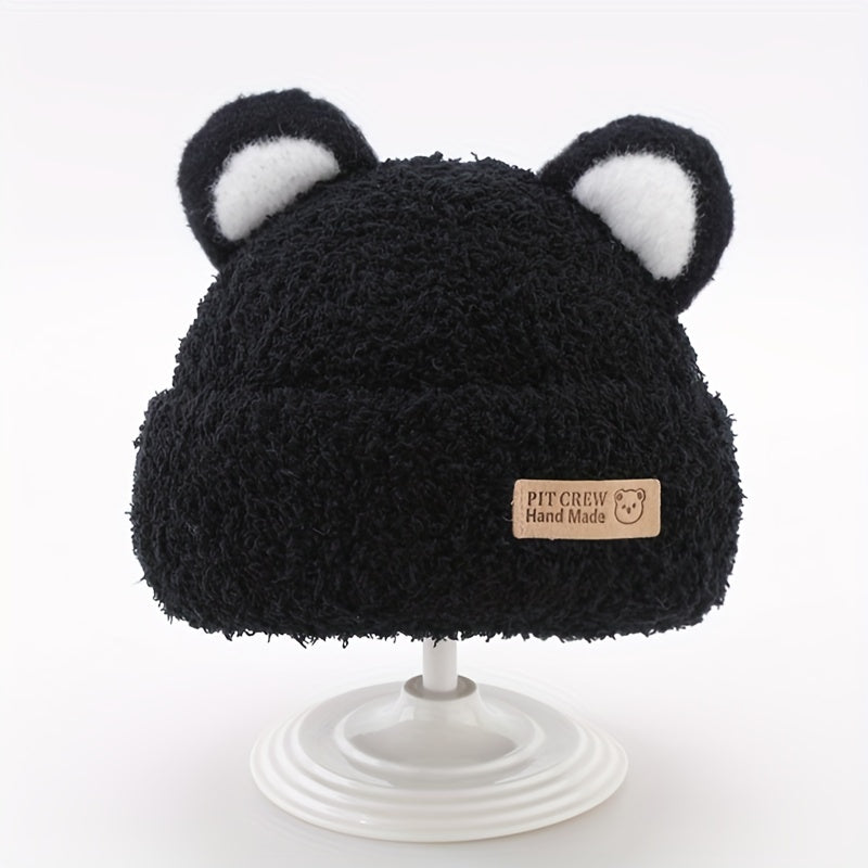 1 gorro de tricô com orelhas de urso de pelúcia para bebê, gorros de tricô infantis para outono e inverno.