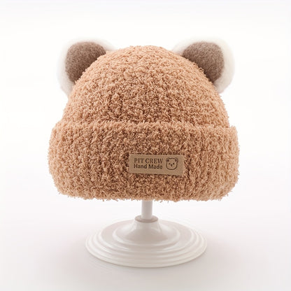 1 gorro de tricô com orelhas de urso de pelúcia para bebê, gorros de tricô infantis para outono e inverno.