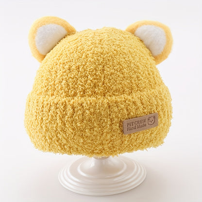 1 gorro de tricô com orelhas de urso de pelúcia para bebê, gorros de tricô infantis para outono e inverno.