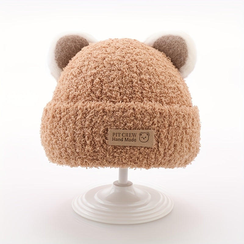 1 gorro de tricô com orelhas de urso de pelúcia para bebê, gorros de tricô infantis para outono e inverno.
