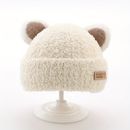 1 gorro de tricô com orelhas de urso de pelúcia para bebê, gorros de tricô infantis para outono e inverno.