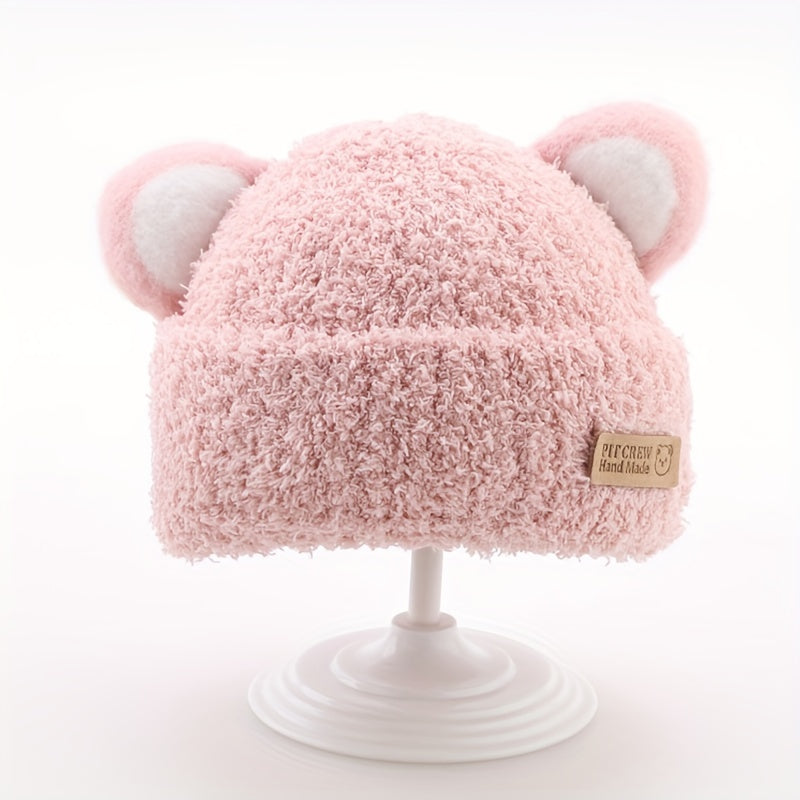 1 gorro de tricô com orelhas de urso de pelúcia para bebê, gorros de tricô infantis para outono e inverno.