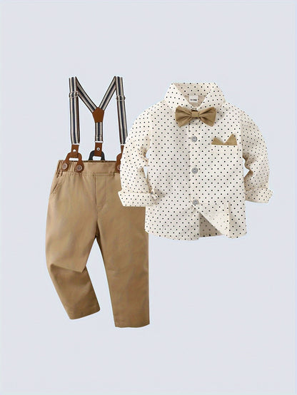 Conjunto de roupa infantil masculina estilo classico, composto por camisa de manga comprida com lapela e gravata borboleta e calça com babador. Ideal para festas de aniversário, eventos noturnos, apresentações, casamentos e banquetes de Ano Novo