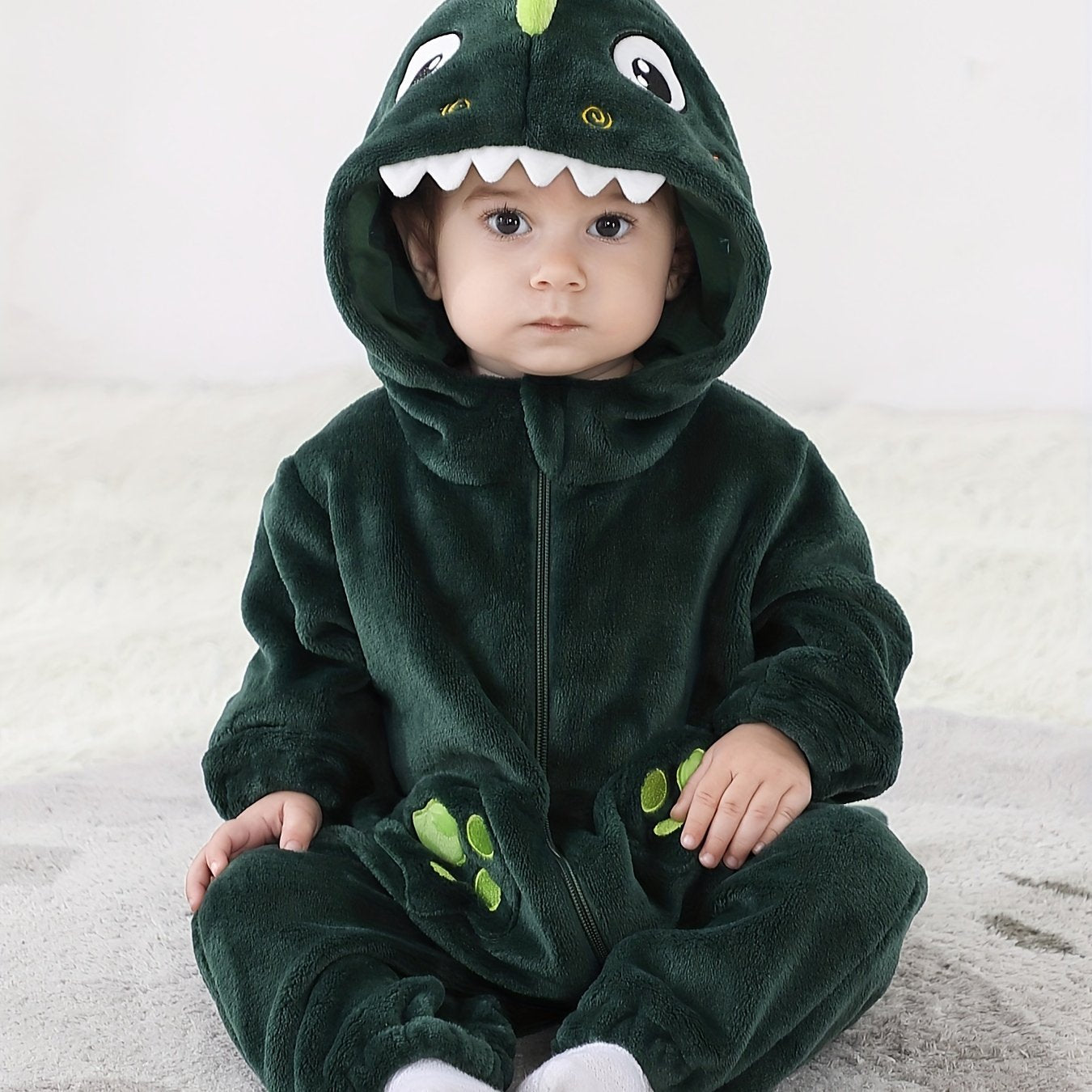 Macacão infantil fofo com capuz e mangas compridas, estampa de dinossauro de desenho animado. Ideal para festas e uso casual ao ar livre na primavera, outono e inverno.