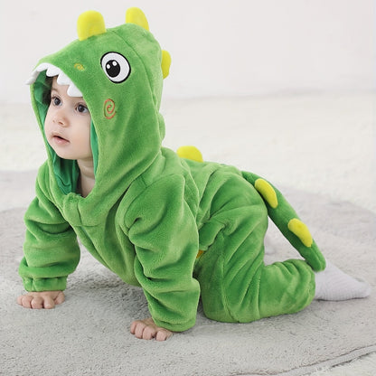 Macacão infantil fofo com capuz e mangas compridas, estampa de dinossauro de desenho animado. Ideal para festas e uso casual ao ar livre na primavera, outono e inverno.