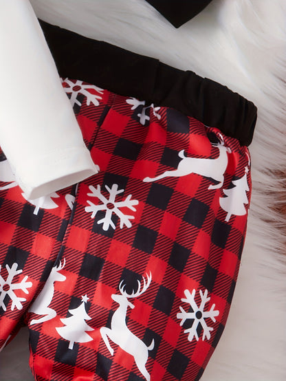 Conjunto de roupa de Natal para bebê com estampa de rena, 3 peças: macacão de manga comprida, chapéu e calça.