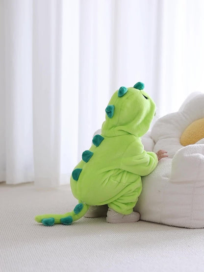 Macacão infantil fofo com capuz e mangas compridas, estampa de dinossauro de desenho animado. Ideal para festas e uso casual ao ar livre na primavera, outono e inverno.