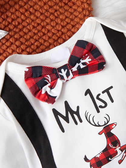 Conjunto de roupa de Natal para bebê com estampa de rena, 3 peças: macacão de manga comprida, chapéu e calça.