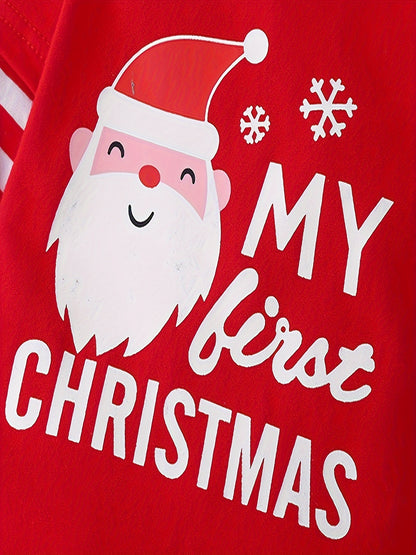 Conjunto festa para Natal, 3 peças: macacão listrado com estampa de Papai Noel, calça e chapéu. Ideal para uso casual e ao ar livre.