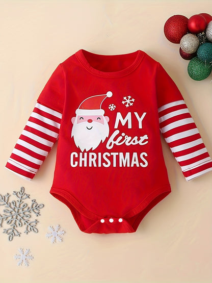 Conjunto festa para Natal, 3 peças: macacão listrado com estampa de Papai Noel, calça e chapéu. Ideal para uso casual e ao ar livre.