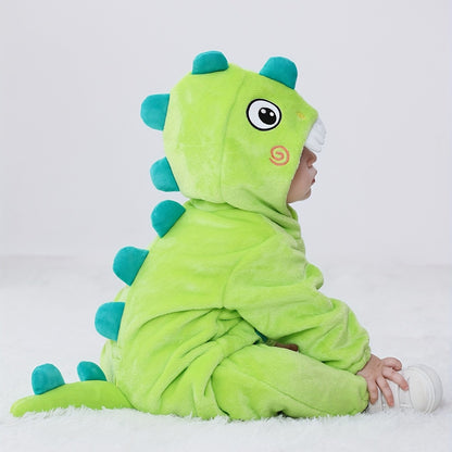 Macacão infantil fofo com capuz e mangas compridas, estampa de dinossauro de desenho animado. Ideal para festas e uso casual ao ar livre na primavera, outono e inverno.