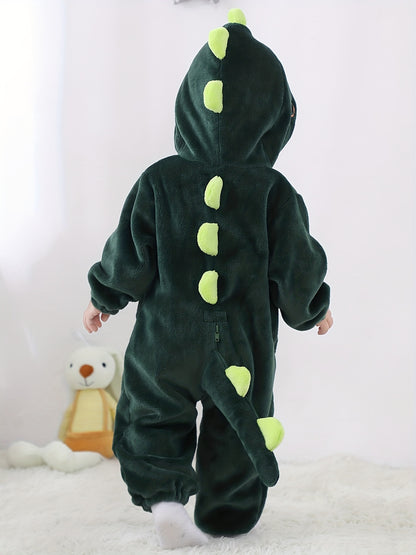 Macacão infantil fofo com capuz e mangas compridas, estampa de dinossauro de desenho animado. Ideal para festas e uso casual ao ar livre na primavera, outono e inverno.