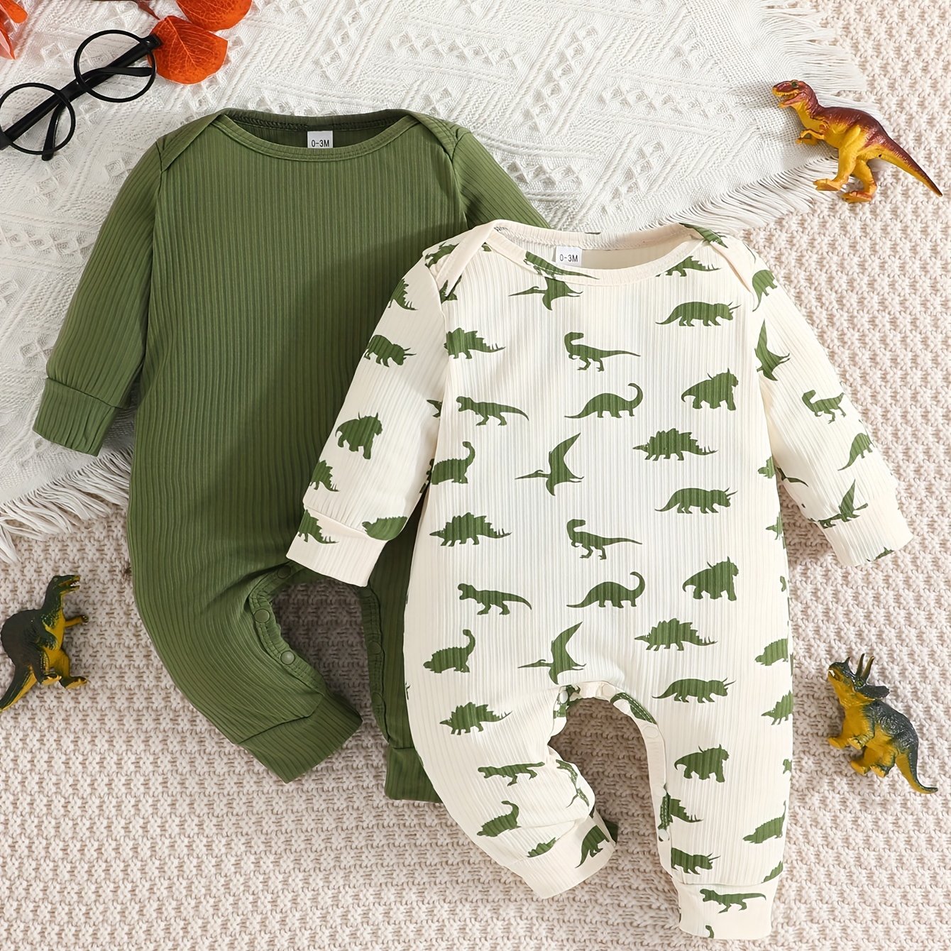 Conjunto de 2 peças de macacão curto casual para bebês meninos, cor sólida + estampa de dinossauro, ideal para primavera e outono.