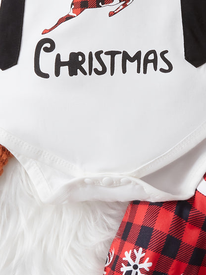 Conjunto de roupa de Natal para bebê com estampa de rena, 3 peças: macacão de manga comprida, chapéu e calça.