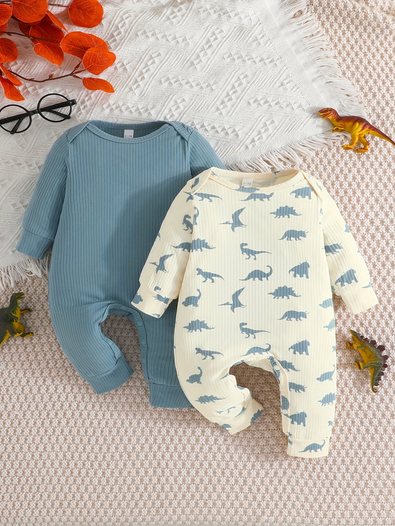 Conjunto de 2 peças de macacão curto casual para bebês meninos, cor sólida + estampa de dinossauro, ideal para primavera e outono.