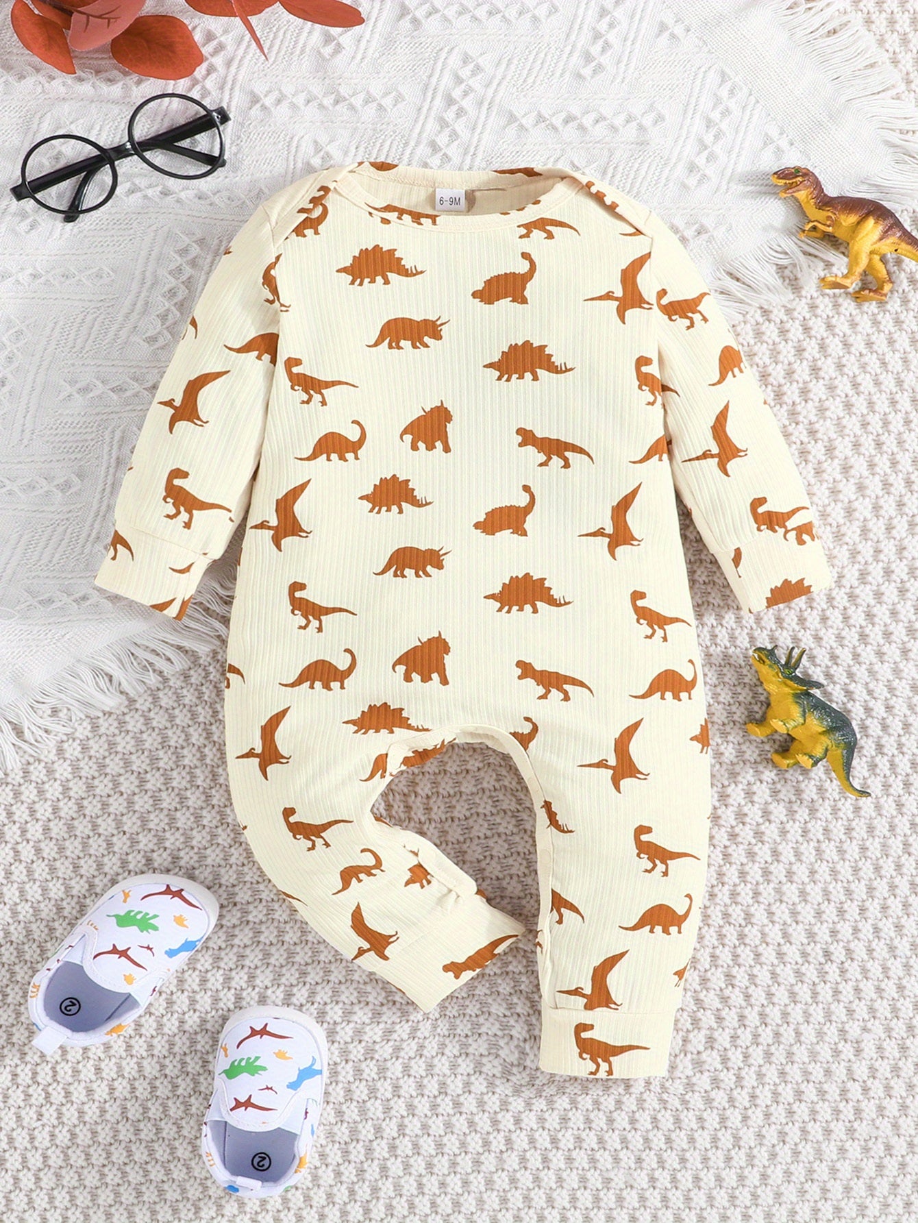 Conjunto de 2 peças de macacão curto casual para bebês meninos, cor sólida + estampa de dinossauro, ideal para primavera e outono.