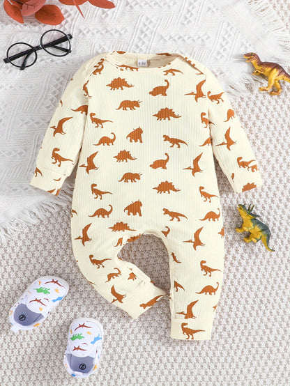 Conjunto de 2 peças de macacão curto casual para bebês meninos, cor sólida + estampa de dinossauro, ideal para primavera e outono.