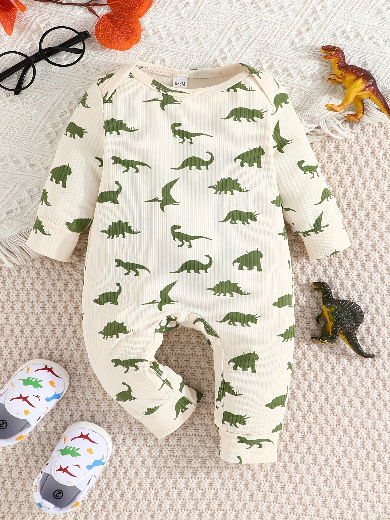 Conjunto de 2 peças de macacão curto casual para bebês meninos, cor sólida + estampa de dinossauro, ideal para primavera e outono.
