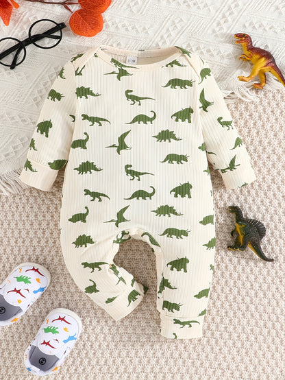 Conjunto de 2 peças de macacão curto casual para bebês meninos, cor sólida + estampa de dinossauro, ideal para primavera e outono.