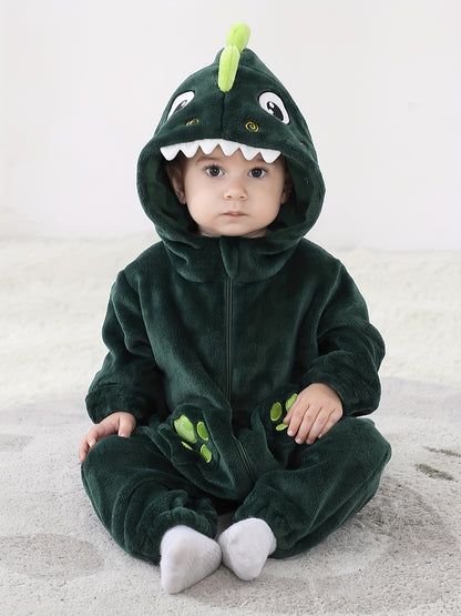 Macacão infantil fofo com capuz e mangas compridas, estampa de dinossauro de desenho animado. Ideal para festas e uso casual ao ar livre na primavera, outono e inverno.