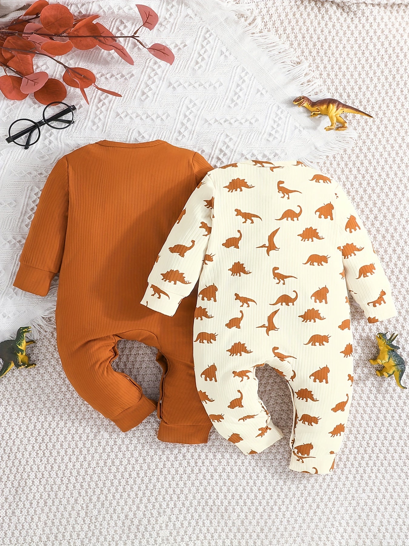 Conjunto de 2 peças de macacão curto casual para bebês meninos, cor sólida + estampa de dinossauro, ideal para primavera e outono.
