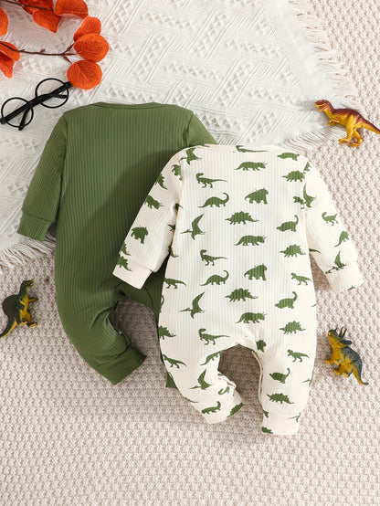 Conjunto de 2 peças de macacão curto casual para bebês meninos, cor sólida + estampa de dinossauro, ideal para primavera e outono.