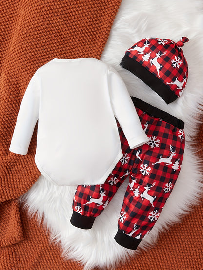 Conjunto de roupa de Natal para bebê com estampa de rena, 3 peças: macacão de manga comprida, chapéu e calça.