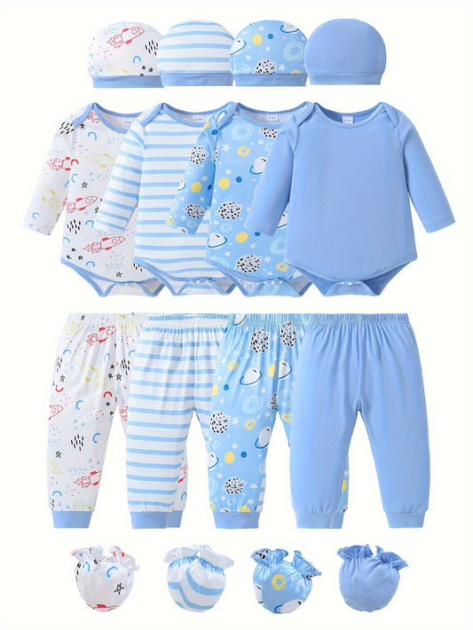 Conjunto de 4 peças para bebês meninos, casual, em cores sólidas, com estampas de naves espaciais e listras, composto por macacão de manga comprida, calça, chapéu e luvas. Ideal para atividades ao ar livre.