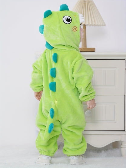 Macacão infantil fofo com capuz e mangas compridas, estampa de dinossauro de desenho animado. Ideal para festas e uso casual ao ar livre na primavera, outono e inverno.