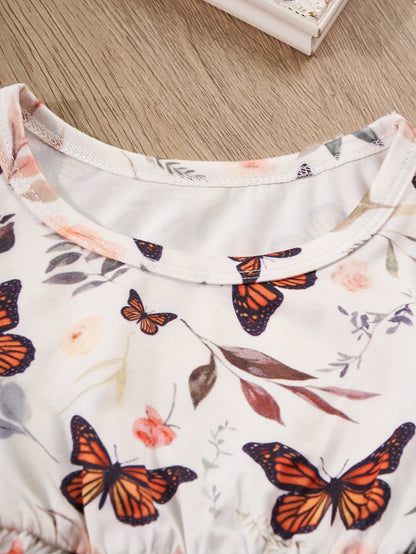 Conjunto de 2 peças para bebês meninas: vestido fofo com estampa de borboletas, gola redonda e mangas compridas + vestido liso com alças de ombro.