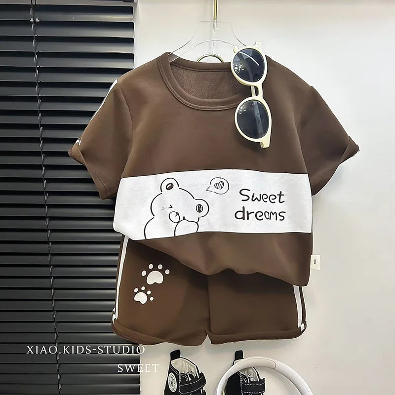 Conjunto infantil camiseta e shorts, 2 peças, manga curta, roupa infantil para bebês e crianças pequenas, conjunto listrado.
