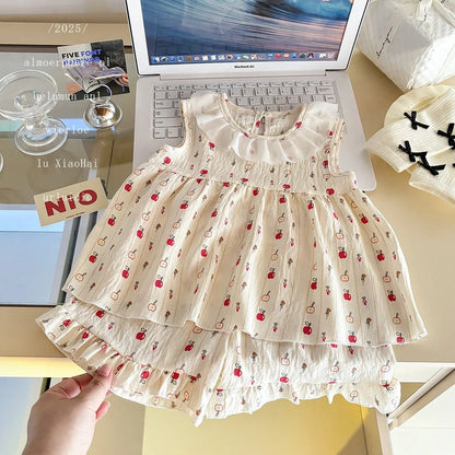 Conjunto de duas peças: vestido princesa sem mangas com estampa floral, roupa leve de verão para bebês e saia floral fofa para meninas.