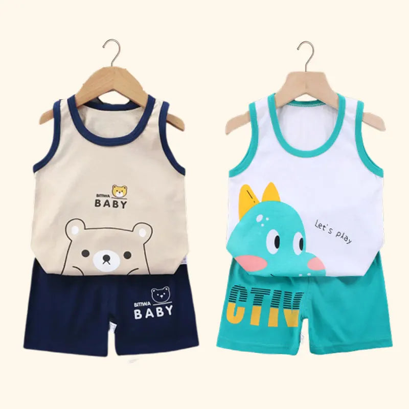 Conjunto de 2 peças de roupa infantil: camiseta regata e shorts de algodão para o verão, ideal para meninos e meninas. Roupa infantil sem mangas para bebês.