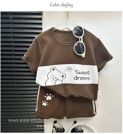 Conjunto infantil camiseta e shorts, 2 peças, manga curta, roupa infantil para bebês e crianças pequenas, conjunto listrado.