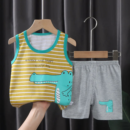 Conjunto de 2 peças de roupa infantil: camiseta regata e shorts de algodão para o verão, ideal para meninos e meninas. Roupa infantil sem mangas para bebês.