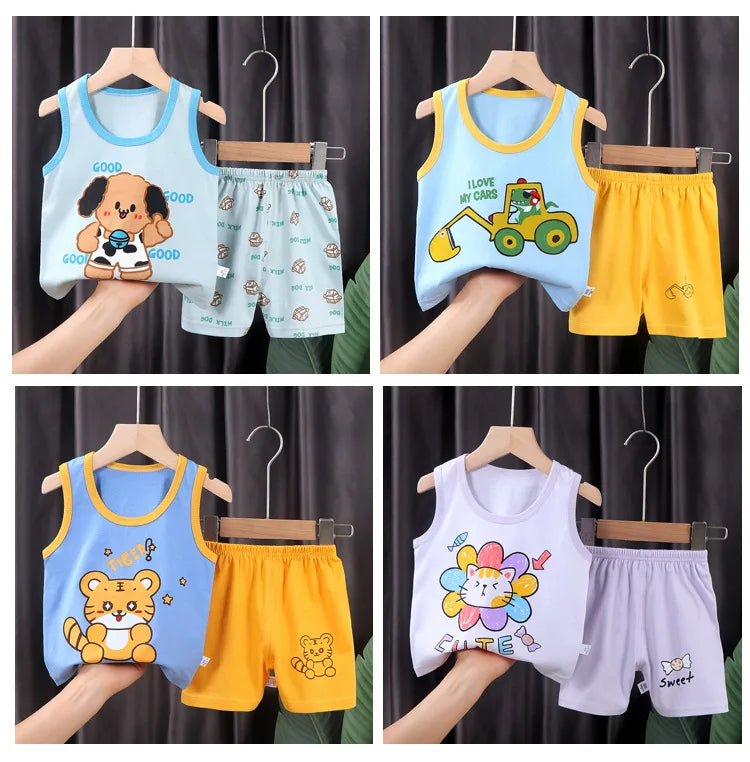 Conjunto de 2 peças de roupa infantil: camiseta regata e shorts de algodão para o verão, ideal para meninos e meninas. Roupa infantil sem mangas para bebês.