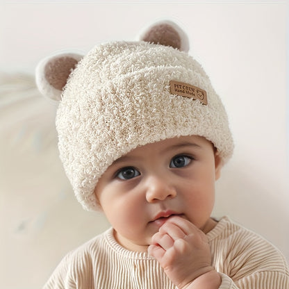 1 gorro de tricô com orelhas de urso de pelúcia para bebê, gorros de tricô infantis para outono e inverno.
