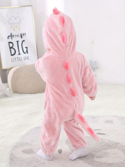 Macacão infantil fofo com capuz e mangas compridas, estampa de dinossauro de desenho animado. Ideal para festas e uso casual ao ar livre na primavera, outono e inverno.