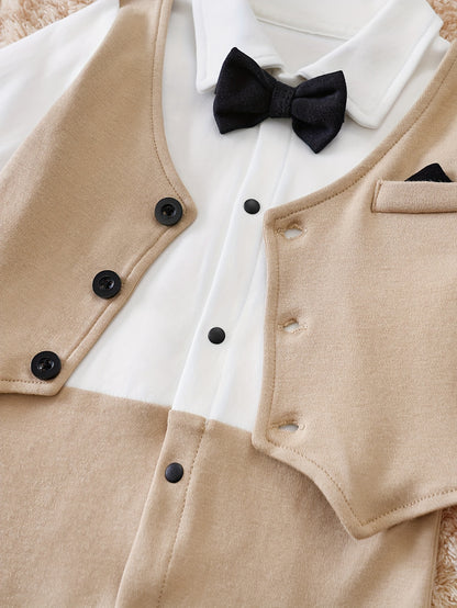 Body infantil de algodão com gravata borboleta, estilo cavalheiro, confortável e de manga comprida, ideal para bebês meninos usarem dentro e fora de casa.