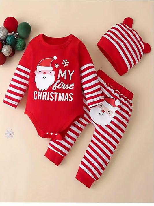 Conjunto festa para Natal, 3 peças: macacão listrado com estampa de Papai Noel, calça e chapéu. Ideal para uso casual e ao ar livre.