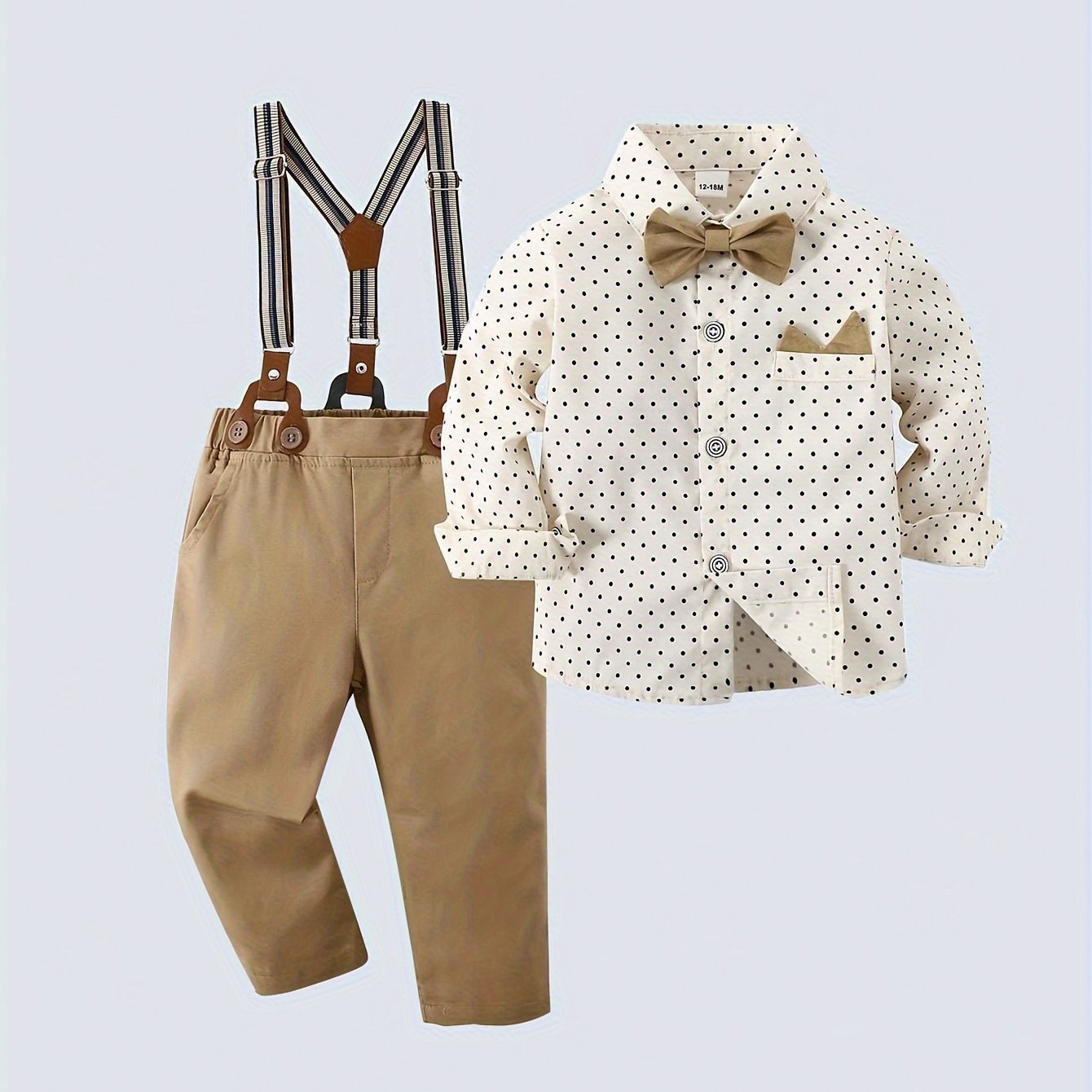 Conjunto de roupa infantil masculina estilo classico, composto por camisa de manga comprida com lapela e gravata borboleta e calça com babador. Ideal para festas de aniversário, eventos noturnos, apresentações, casamentos e banquetes de Ano Novo
