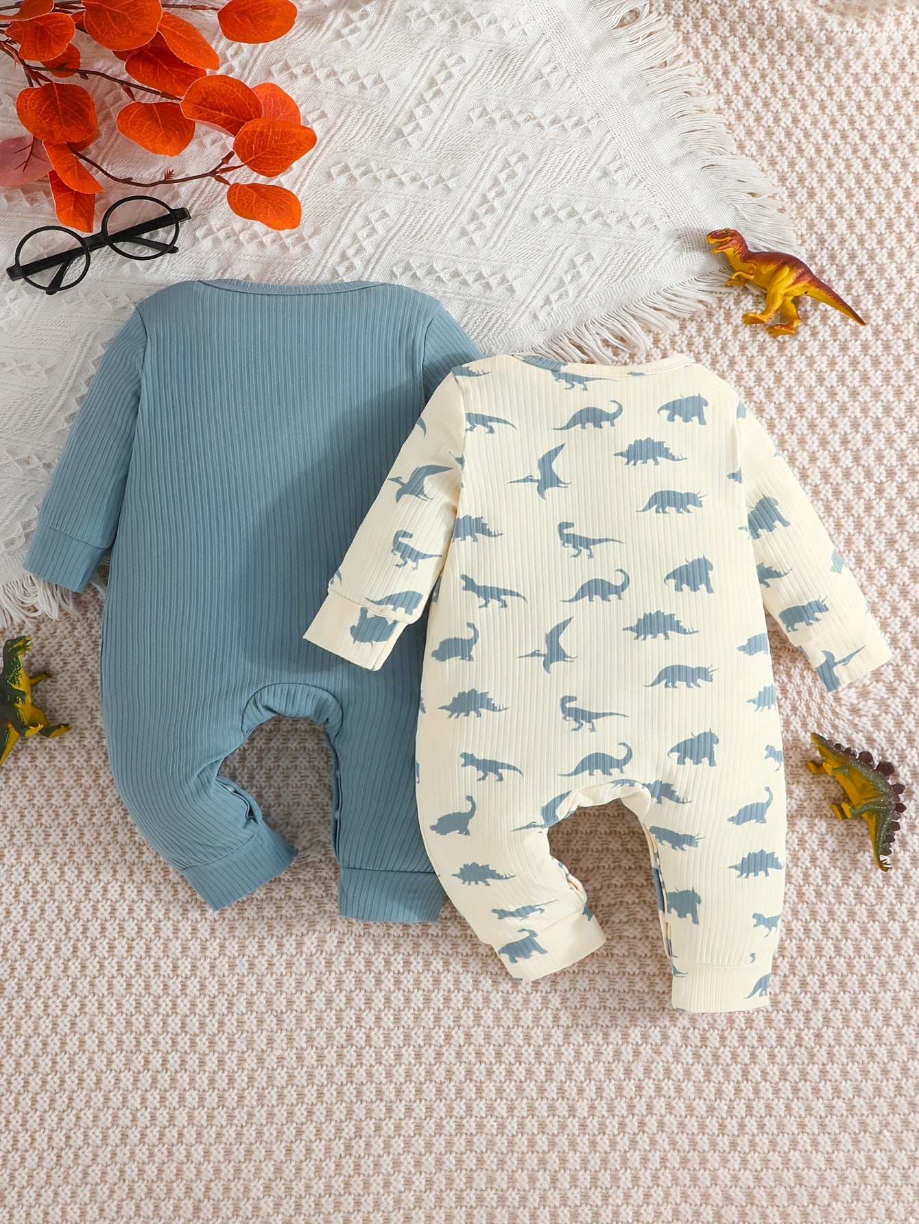 Conjunto de 2 peças de macacão curto casual para bebês meninos, cor sólida + estampa de dinossauro, ideal para primavera e outono.