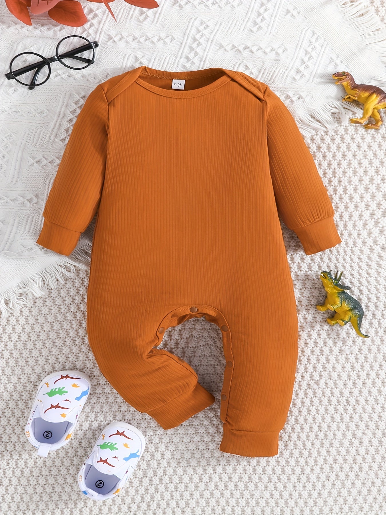 Conjunto de 2 peças de macacão curto casual para bebês meninos, cor sólida + estampa de dinossauro, ideal para primavera e outono.