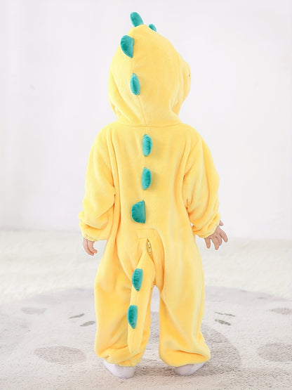 Macacão infantil fofo com capuz e mangas compridas, estampa de dinossauro de desenho animado. Ideal para festas e uso casual ao ar livre na primavera, outono e inverno.