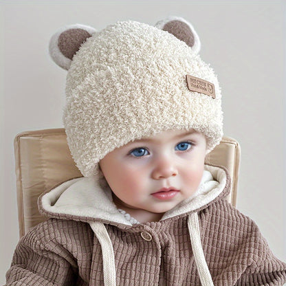 1 gorro de tricô com orelhas de urso de pelúcia para bebê, gorros de tricô infantis para outono e inverno.